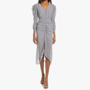 Floret Studios Women Retro Blue Floral Chiffon Puff Sleeve Midi Dress Size L